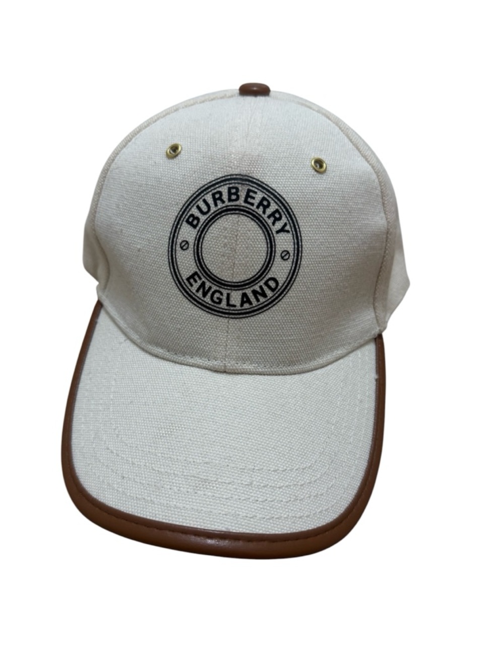 B England White Canvas Baseball Cap with Brown Trim